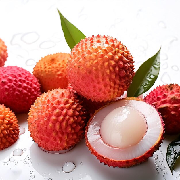 Photo creative food concept fresh a pile of top view of half ripe fresh ripe red lychee fruit isolated on white background