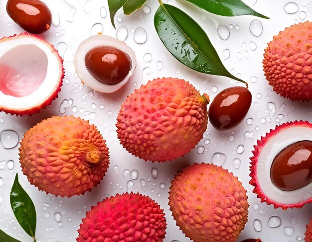 Photo creative food concept fresh a pile of top view of half ripe fresh ripe red lychee fruit isolated on white background