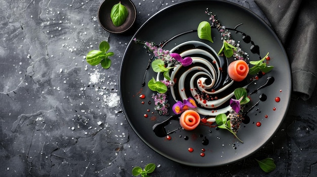 Photo creative food plating with sauces forming artistic swirls