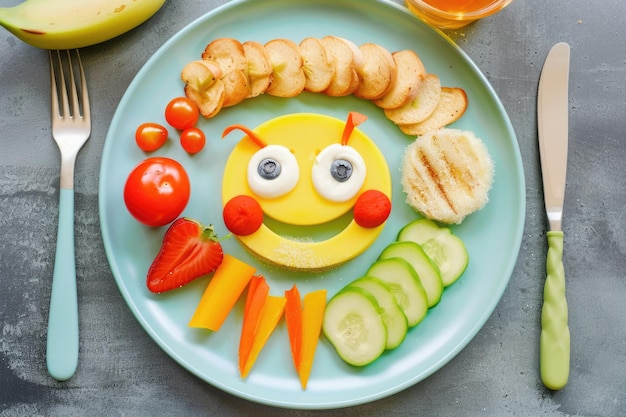 Photo creative food presentation of a smiley face breakfast plate with vegetables and eggs