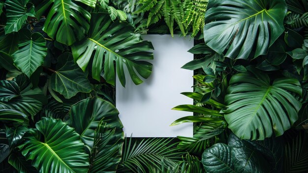 A creative frame composed of various tropical leaves with a central white space for text or image placement