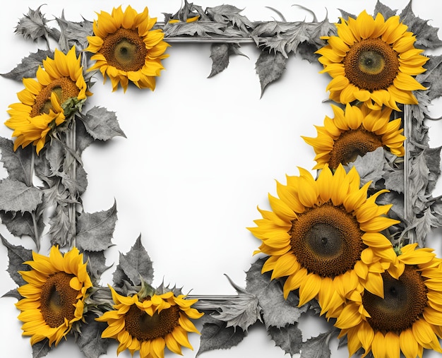 Creative frame decorated with sunflower flowers and leaves