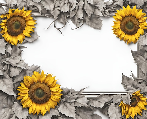 Creative frame decorated with sunflower flowers and leaves