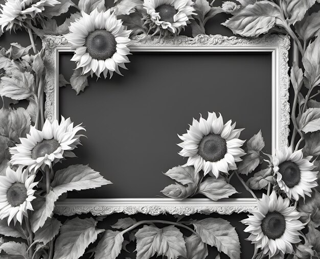 Creative frame decorated with sunflower flowers and leaves