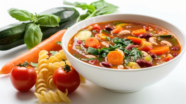 Photo creative and free minestrone soup with fresh tomatoes and vegetables