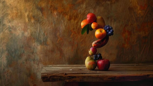 Photo creative fruit arrangement on rustic wooden table generative ai