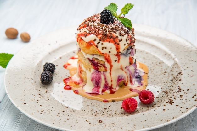 Creative fruit dessert. on a wooden table