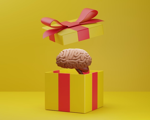 Creative gift concept Gift box with brains inside Yellow background 3D render