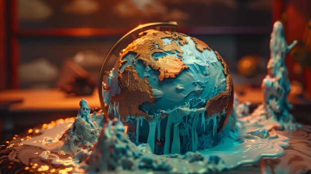 Photo a creative globe sculpture showcasing melting ice and rising waters symbolizing climate change and environmental awareness