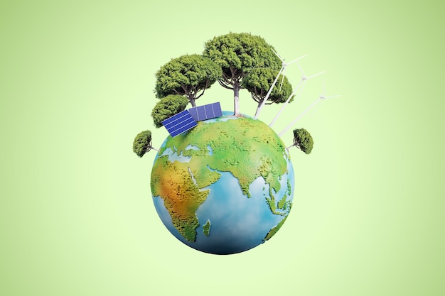 Creative globe with trees and solar panels on green background Energy and sustainable concept 3D Rendering