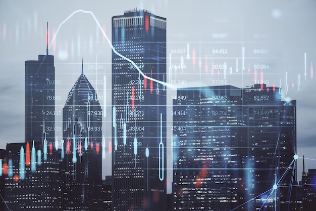 Creative glowing candlestick forex chart and map hologram on blurry toned city skyline background Stock investment market and money concept Double exposure