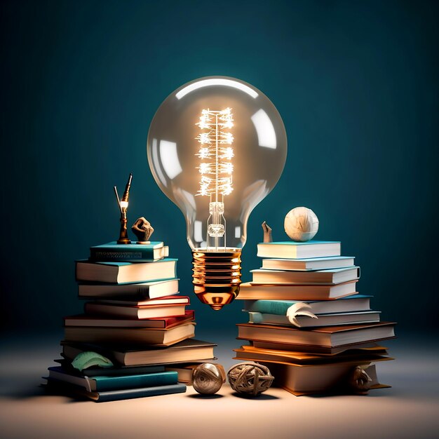 Creative glowing light bulb in the middle of books in the dark