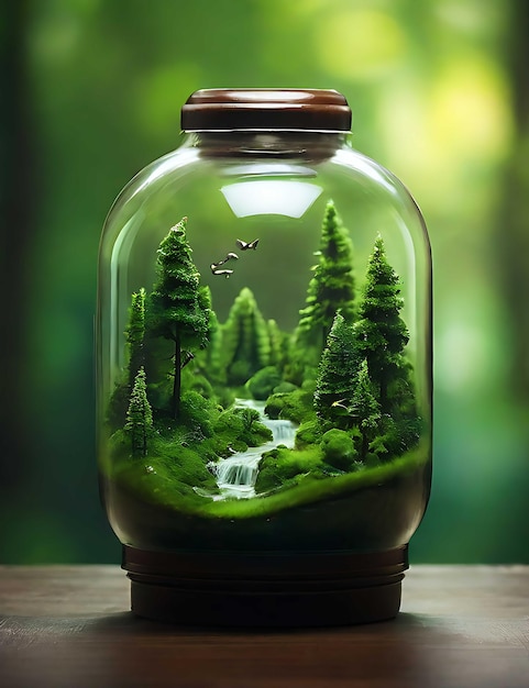 Creative green background forest series style world in a glass bottle