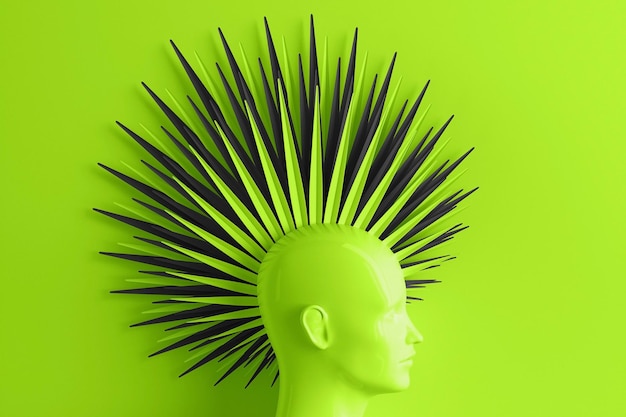 Creative green background with three-dimensional head of a young woman in profile with stylized Mohawk hairstyle. 3D illustration