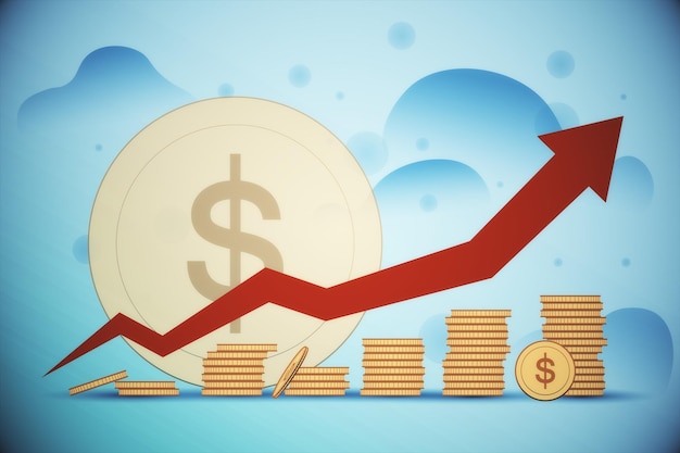 Creative growing dollar coins chart stacked on blue background with arrow Finance growth and market concept 3D Rendering