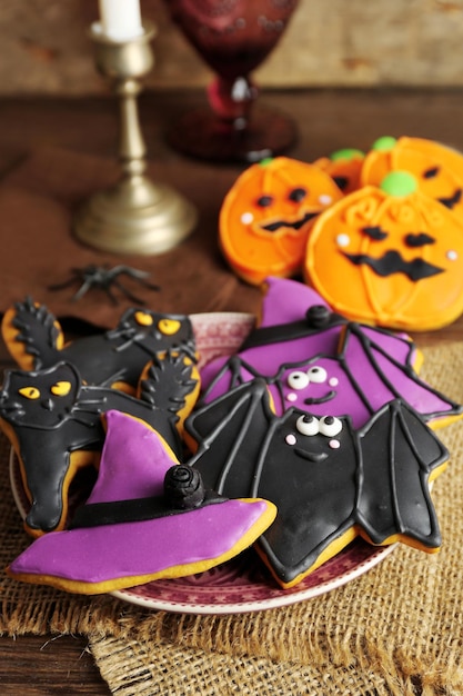 Creative Halloween cookies on wooden background