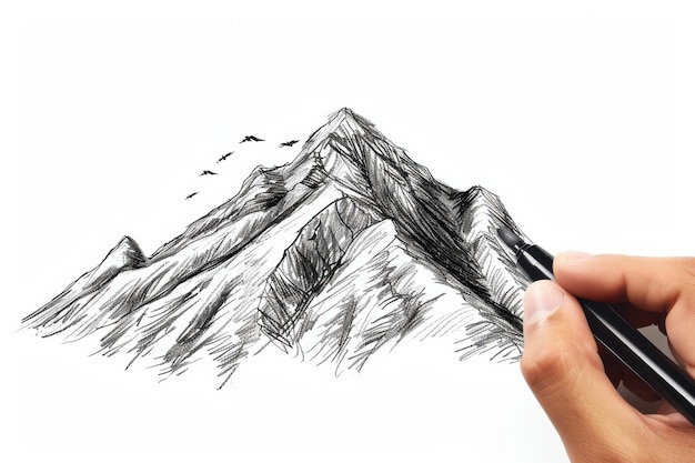 Creative hand crafting a detailed sketch of a majestic mountain range with soaring birds in the sky during a serene afternoon