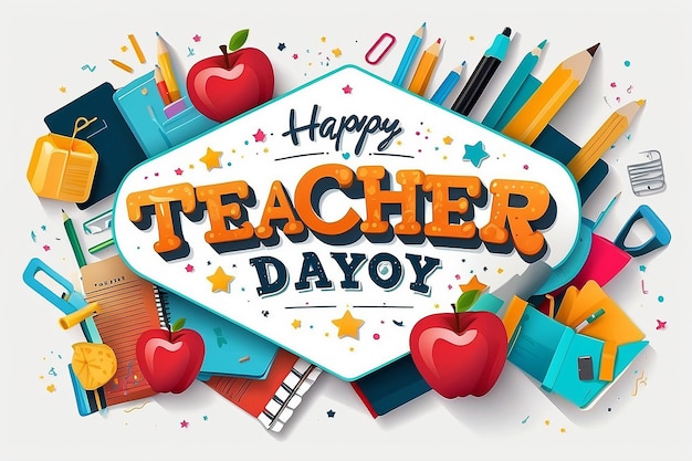 Creative Hand Lettering Text for Happy Teachers Day Celebration on Decorative Doodle Background