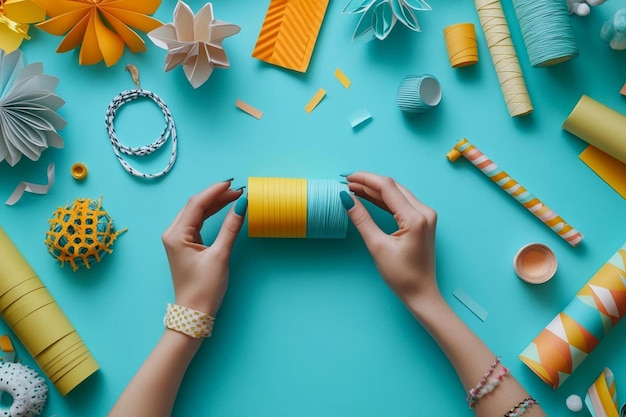 Photo creative hands folding vibrant paper shapes and crafts on a turquoise surface