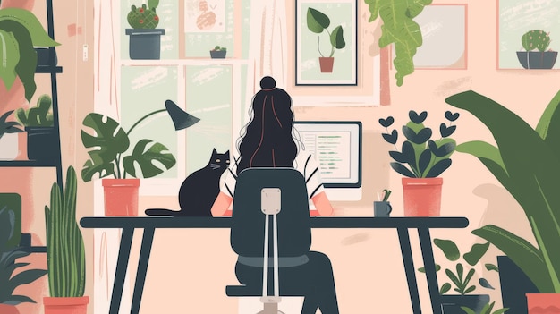 creative home work space work from home concept girl with cat