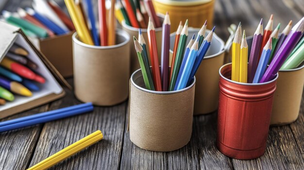 Photo creative homemade pencil holders made from recycled materials for an ecofriendly school supply project