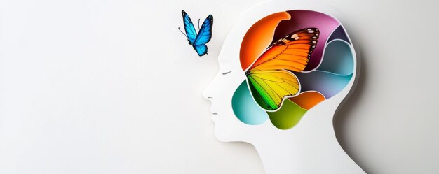 Photo creative human mind concept with colorful butterfly inside profile and blue butterfly outside