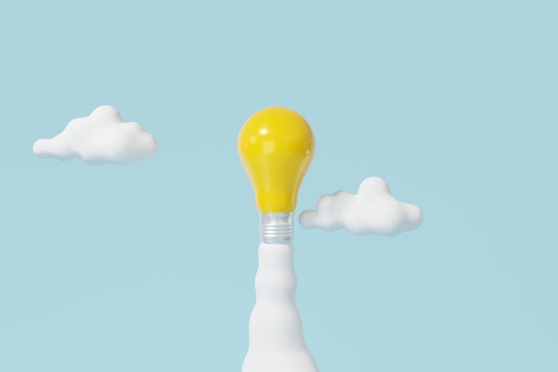 Creative idea concept Yellow light bulb spaceship on soft blue sky background minimal cartoon invention copy space isolated 3d render illustration