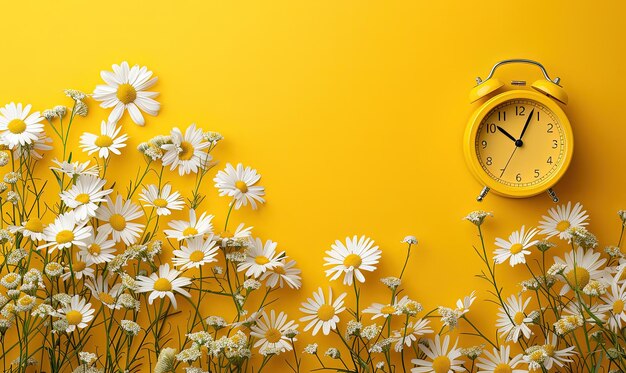 Photo creative idea layout alarm clock on yellow background with chamomile