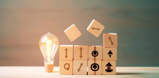 Creative idea solution and innovation concept Idea generation for business development Wooden cube blocks with light bulb and cycle icons on clean background and copy space AI Generative