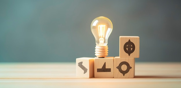 Creative idea solution and innovation concept Idea generation for business development Wooden cube blocks with light bulb and cycle icons on clean background and copy space AI Generative