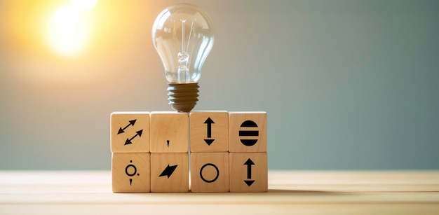 Creative idea solution and innovation concept Idea generation for business development Wooden cube blocks with light bulb and cycle icons on clean background and copy space AI Generative