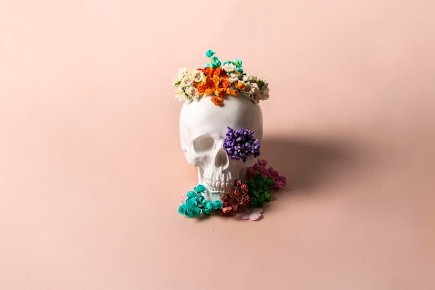 A creative idea of a white skull with flowers around pretty smiling halloween concept