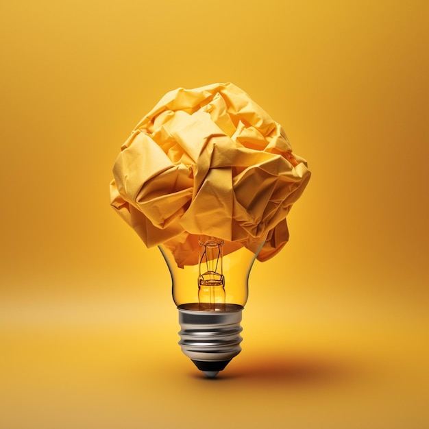 Creative idea with crumpled yellow paper light bulb Concept of idea innovation Inspiration and solution