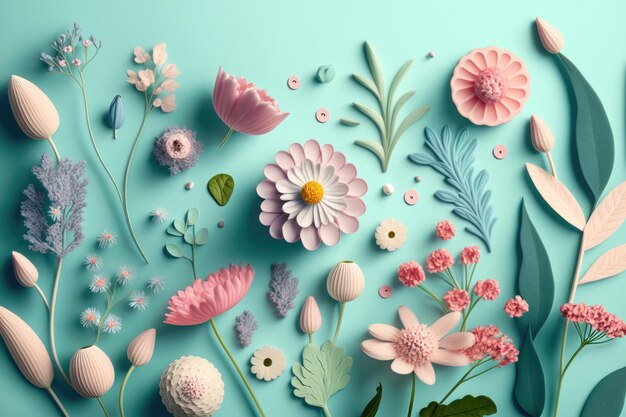 Creative illustration concept of spring flowers on pastel blue background Generative AI