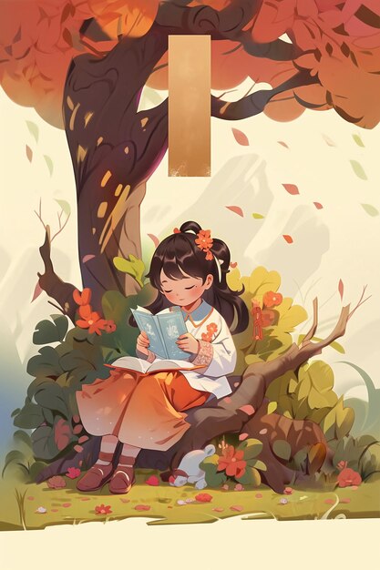 creative illustration of a girl sitting and reading a book