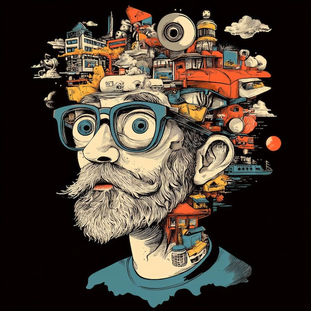 A creative illustration of a man with a detailed imaginative landscape in his mind