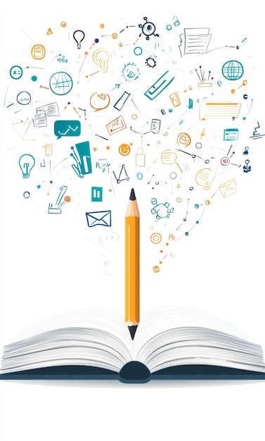 Photo creative illustration of an open book with icons and pencil representing knowledge and education