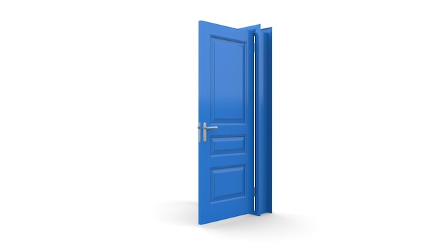 Creative illustration of open closed door blue door entrance realistic doorway isolated on background 3d