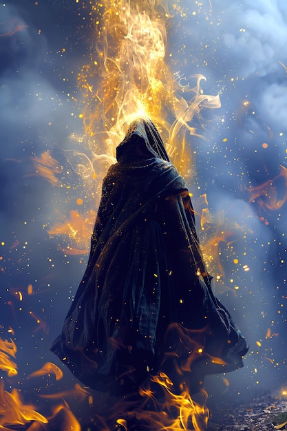 Creative illustration with silhouette of a enigmatic person in a black cape walking away in the flame and smoke