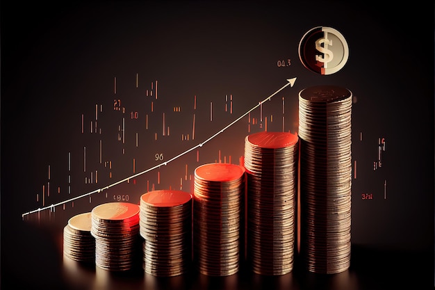 Creative image of growing coin stacks and candlestick forex chart Generative AI