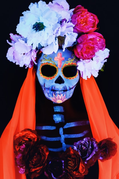 Creative image of Sugar Skull. Neon makeup.