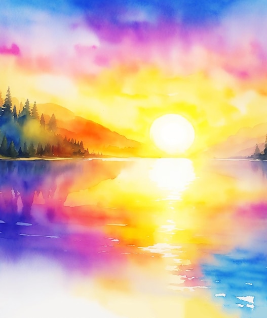 Photo creative incredible colorful magical sun over the lake painting on paper hd watercolor image