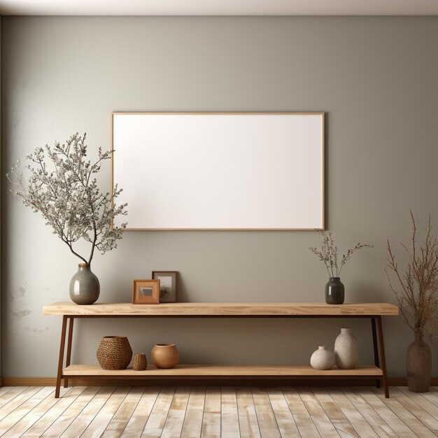 Creative interior concept Large blank empty minimal wall room with cabinet shelf sideboard