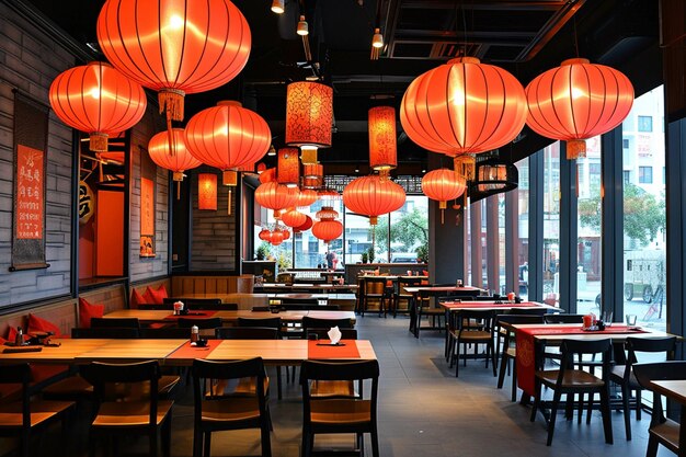 creative interior design of a chines restaurant with laterns