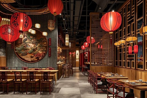 creative interior design of a chines restaurant with laterns