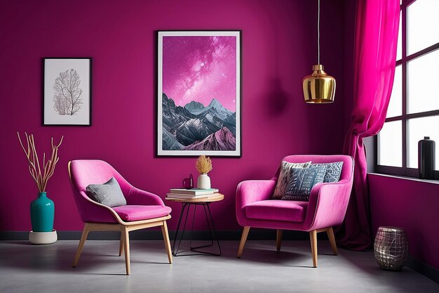 Photo creative interior design in viva magenta studio with lamp and chair book trend colour year 2025