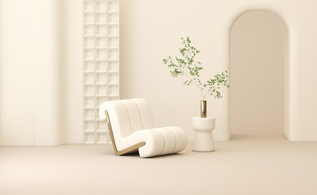 Creative interior design in white studio with plant pot and armchair Pastel beige color background