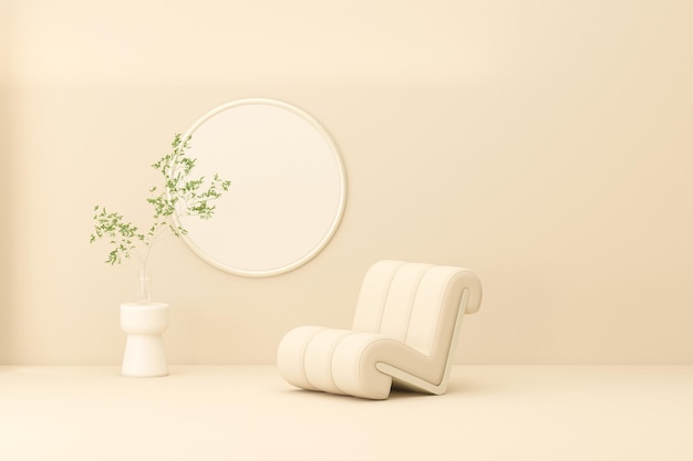 Creative interior design in white studio with plant pot and armchair Pastel beige color background