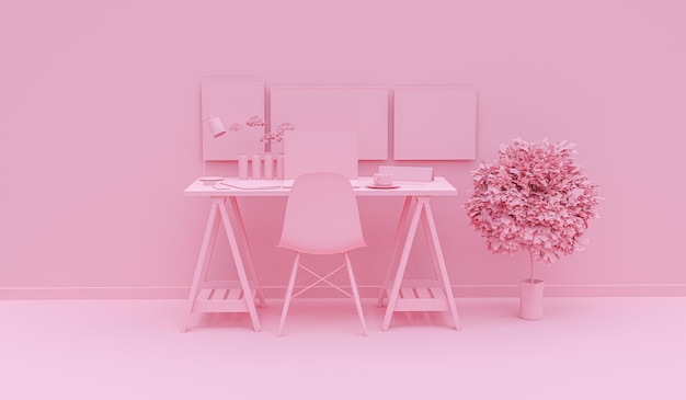 Creative interior study room in pink studio with comfortable table and chair Modern living room minimal concept 3d render