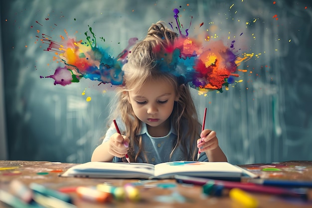 Photo a creative journey a young artist at work surrounded by colorful imagination